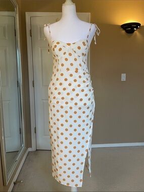 Lulu's White Midi Dress with Tan Polka Dots